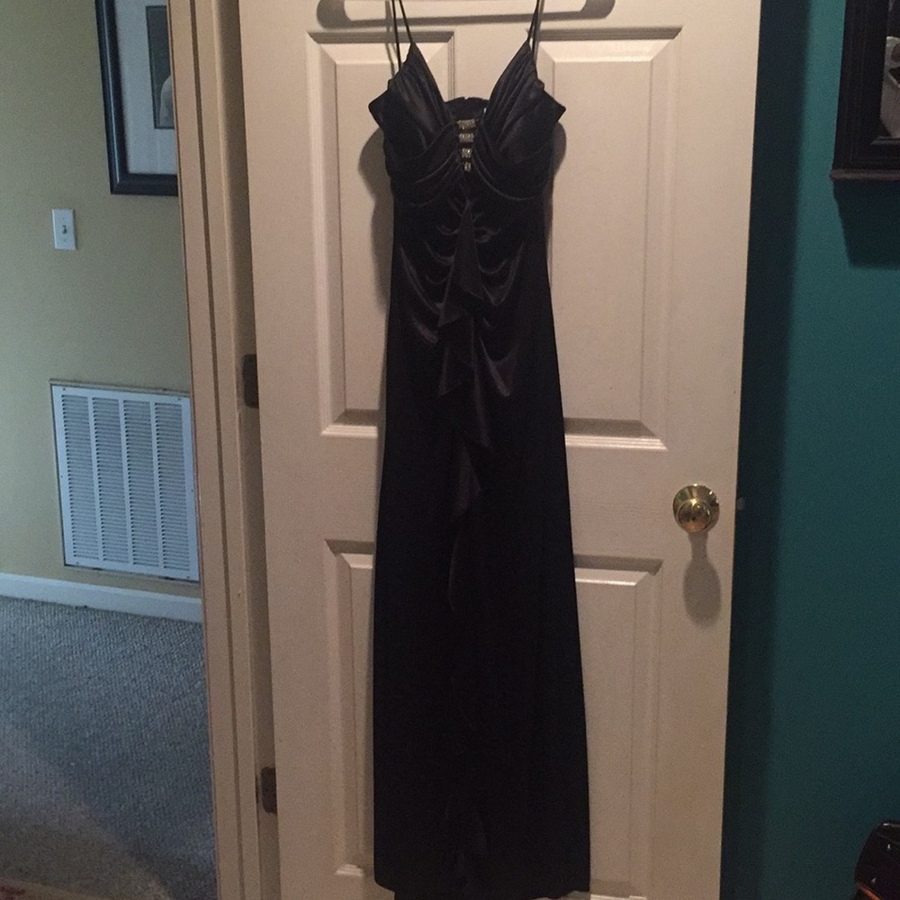 Masquerade, black cocktail dress with rhinestones.